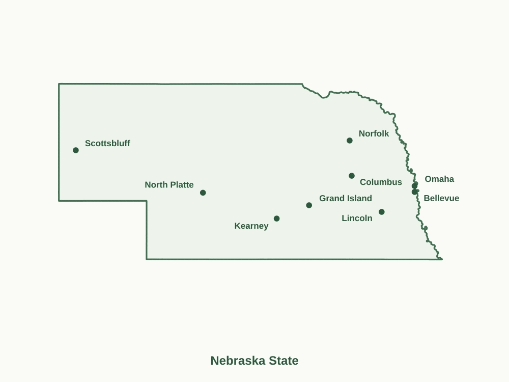 Map of Nebraska State showing major cities